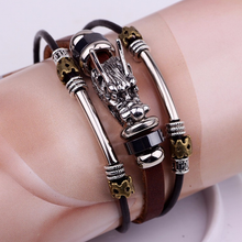 Load image into Gallery viewer, Tibetan Dragon Silver Unisex Leather Bracelet